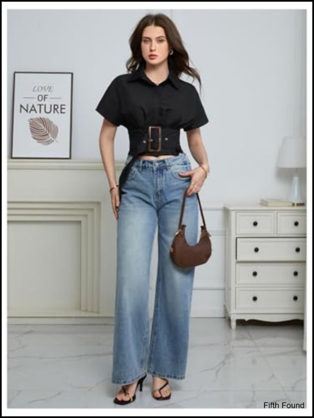 Y2K Cinched Waist Button Down Pleated Shirt, Cropped, Short Sleeve, Stand - Picture 3 of 6